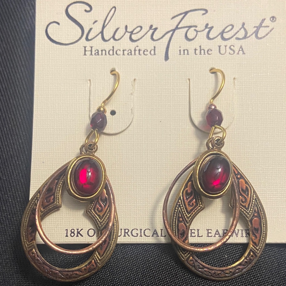 Silver Forest Gold and Deep Red Earrings